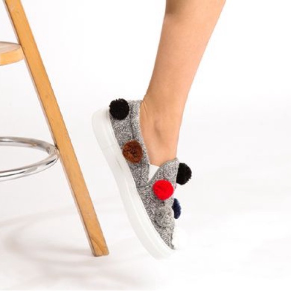 NEW❗️Joshua Sanders Grey Wool Blend Pom Pom Slip On Sneakers - Picture 2 of 9